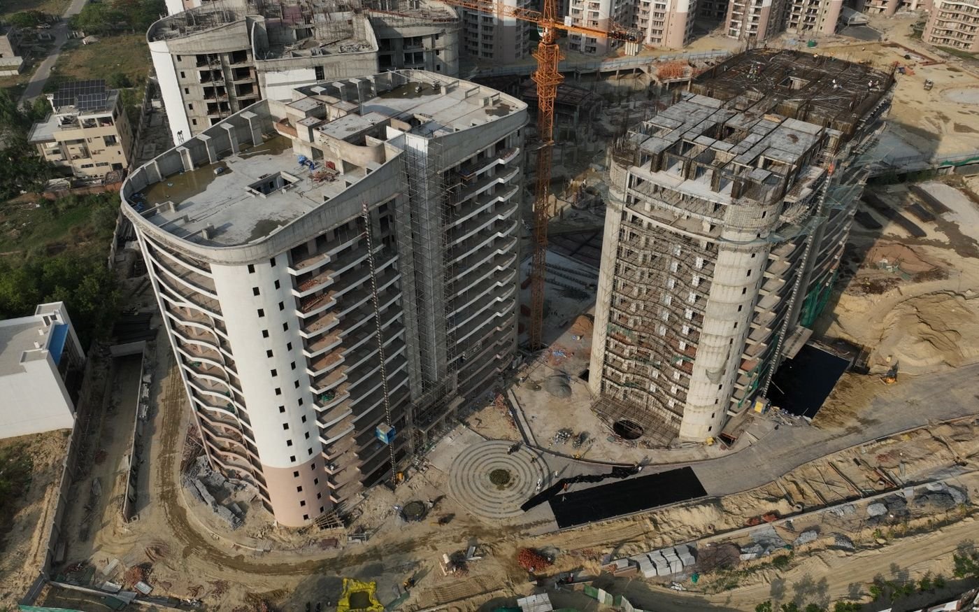 Actual aerial view of two Rishita towers under construction at Sushant Golf City, Lucknow