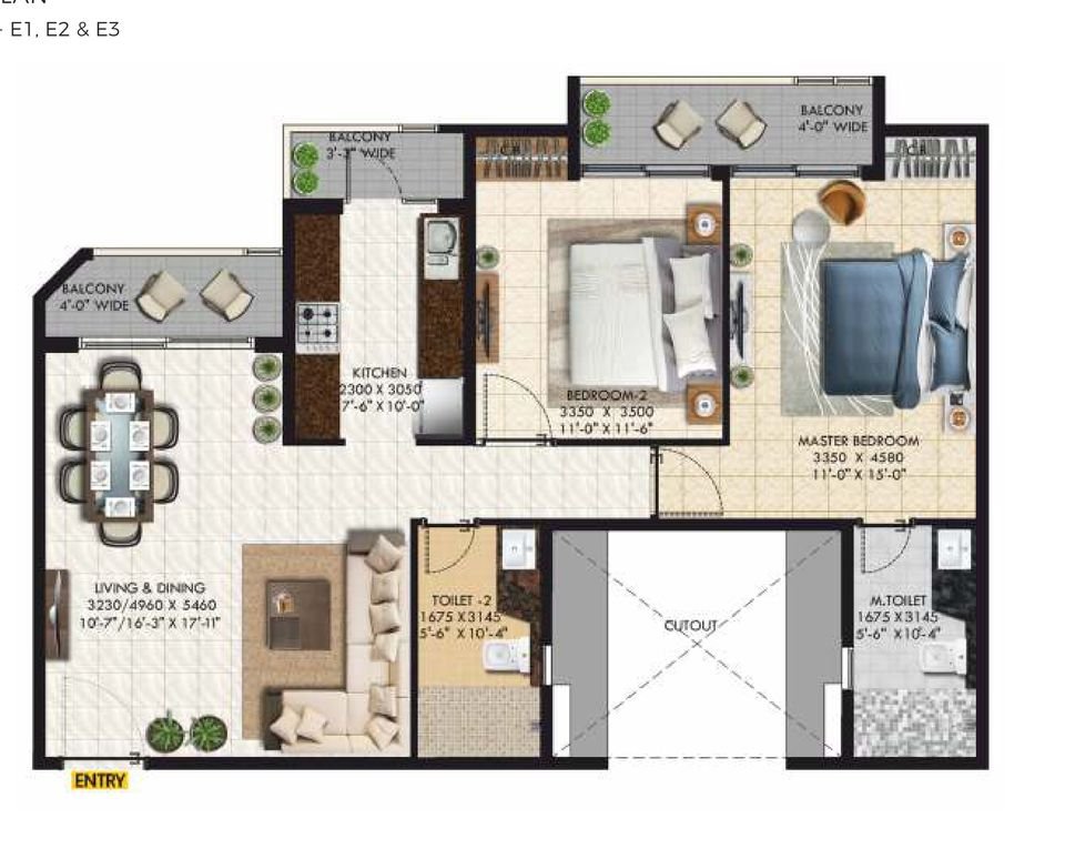 Floor plan of the 2 BHK in towers E1, E2 and E3 at Rishita Mulberry Heights
