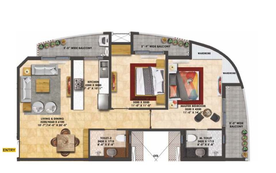 Floor plan of the 2 BHK in towers D1 and D2 at Rishita Mulberry Heights