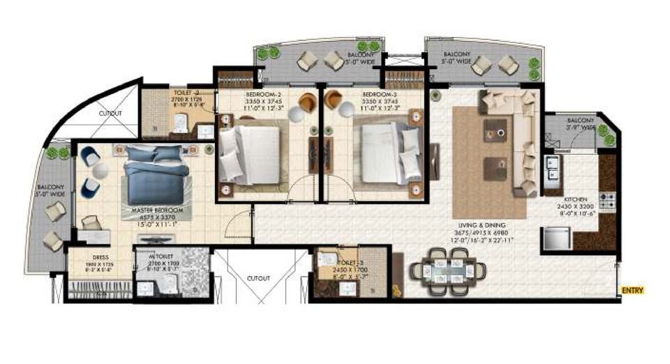 Floor plan of the 3 BHK in towers E1, E2 and E3 at Rishita Mulberry Heights