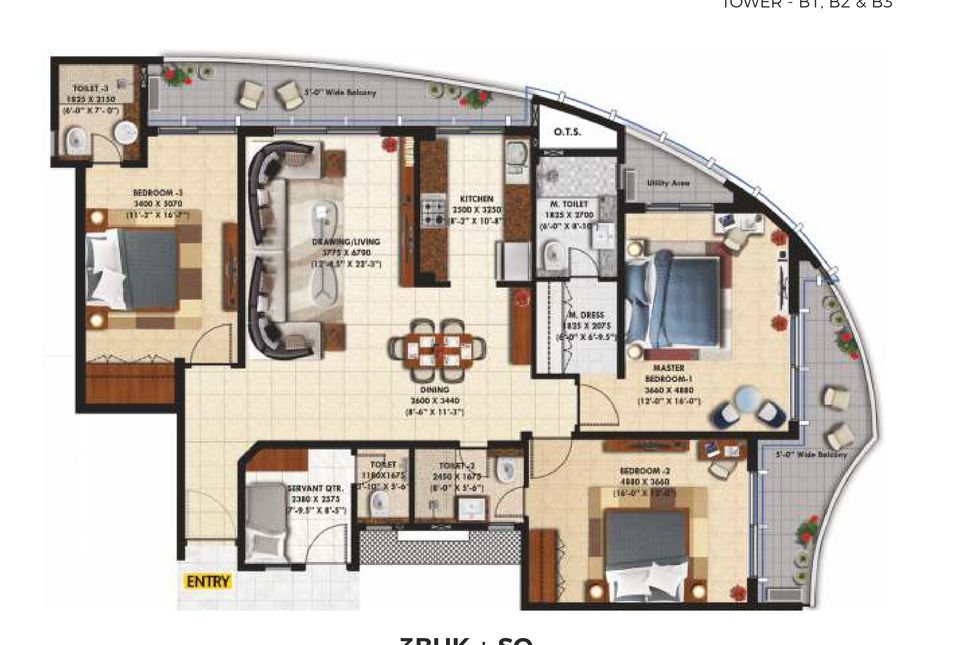 Floor plan of the 3 BHK with servant quarter in towers B1, B2 and B3 at Rishita Mulberry Heights