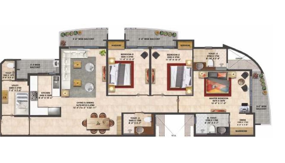 Floor plan of the 3 BHK with servant quarter in towers C1, C2 and C3 at Rishita Mulberry Heights
