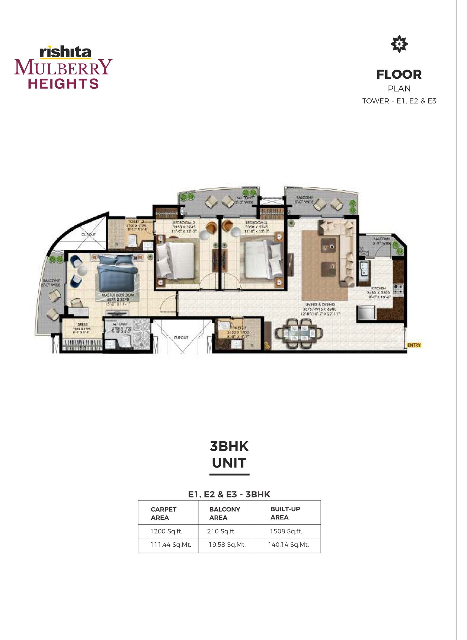 Full floor plan sheet for the 3 BHK in towers E1, E2 and E3 at Rishita Mulberry Heights, with carpet, balcony and built-up areas