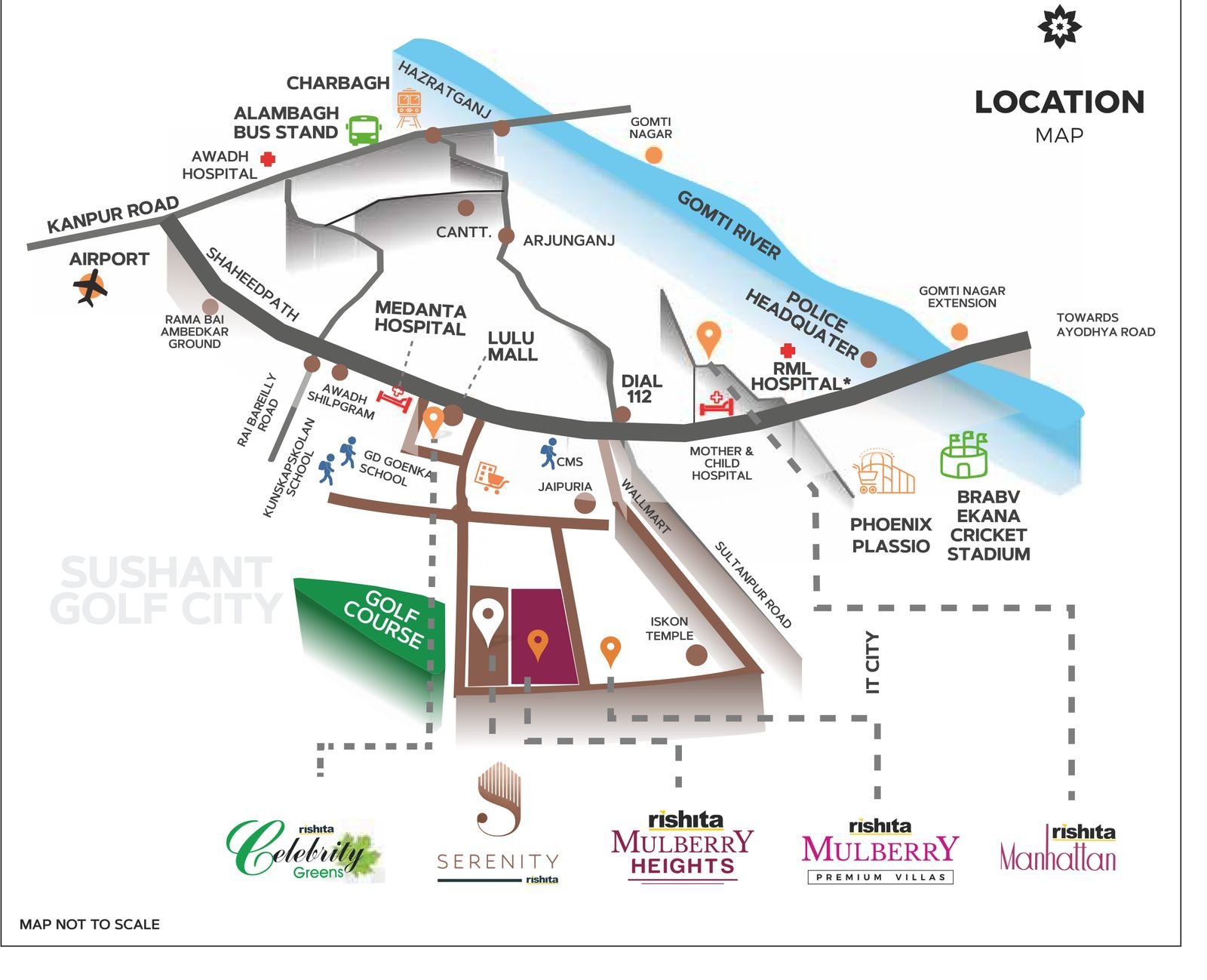 Schematic location map of Rishita Mulberry Heights showing Sushant Golf City, the golf course, Lulu Mall, Phoenix Palassio and the Gomti river