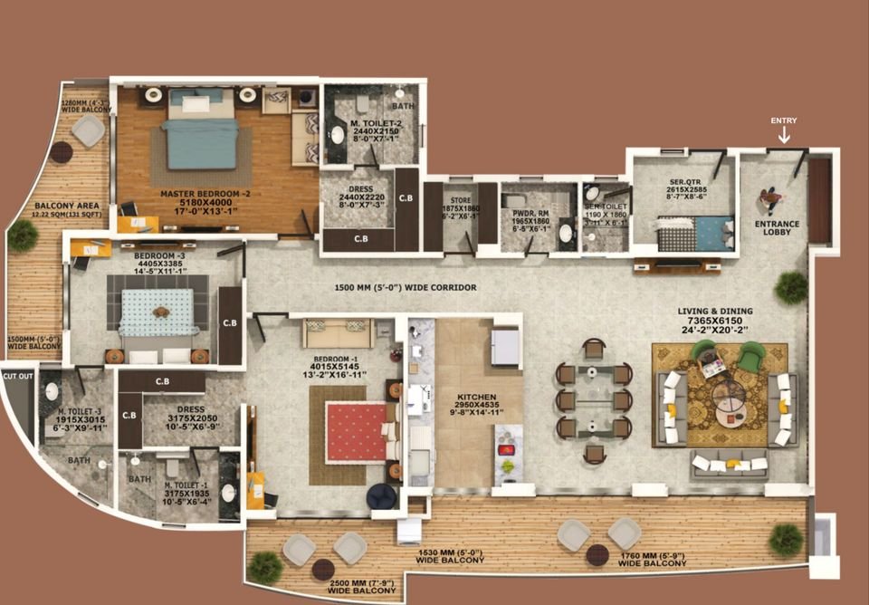 Floor plan of the 3 BHK with servant and store at Rishita Serenity, towers A1, A2 and A4
