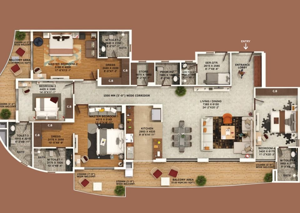 Floor plan of the 4 BHK with servant and store at Rishita Serenity, towers A1, A2 and A4