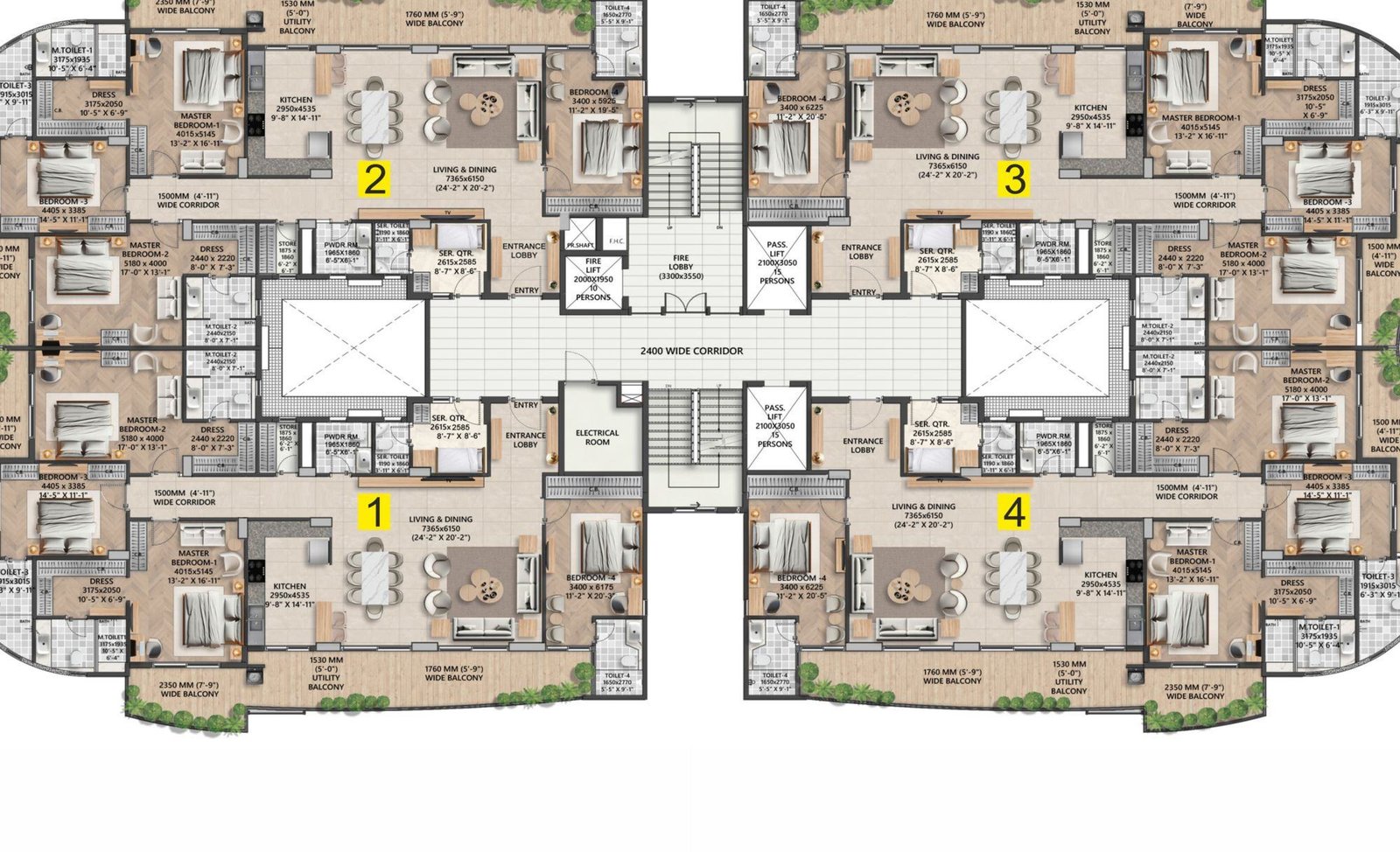 Cluster plan of towers A1, A2 and A4 at Rishita Serenity showing the four units per floor